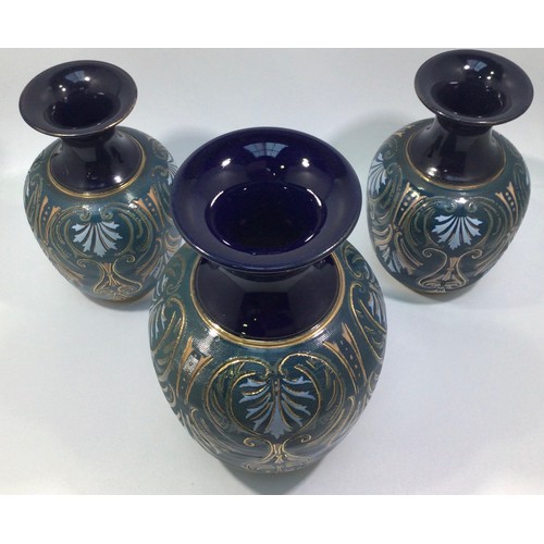 96 - A garniture of three Lovatt & Lovatt period Langley Ware Art Pottery vases, of ovoid form with flare... 