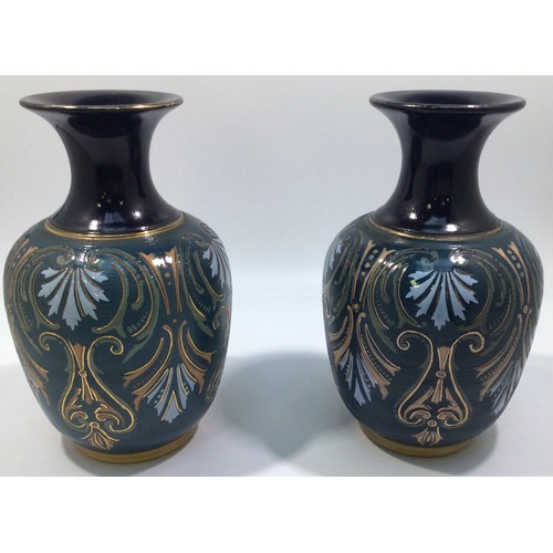 96 - A garniture of three Lovatt & Lovatt period Langley Ware Art Pottery vases, of ovoid form with flare... 