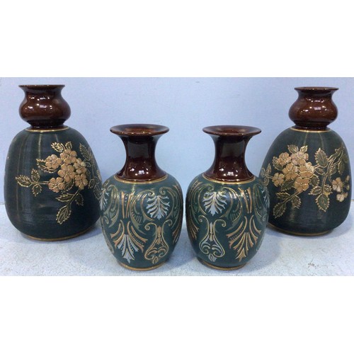 97 - A pair of Lovatt Langley Mill art pottery vases in 'Blossom' design, dated 1913, with brown glazed n... 