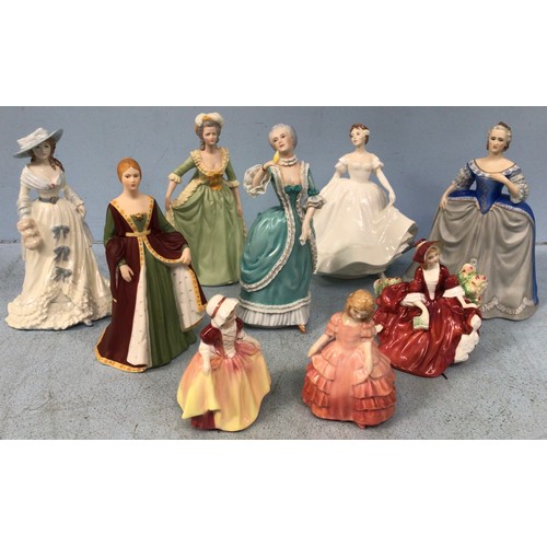 28 - Nine various hand-painted ceramic figures of ladies and girls in decorative gowns, including a Coalp... 