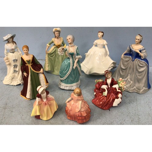 28 - Nine various hand-painted ceramic figures of ladies and girls in decorative gowns, including a Coalp... 