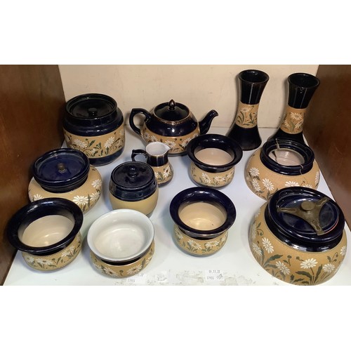 127 - A quantity of Lovatt & Lovatt period 'Daisy Ware' with dark blue and beige bands including teapot, v... 