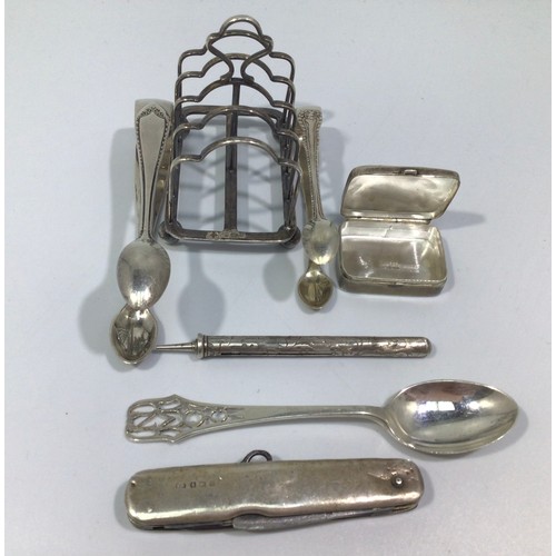 175 - A collection of assorted silver including a small toast rack by George Edward & Sons, hallmarked She... 