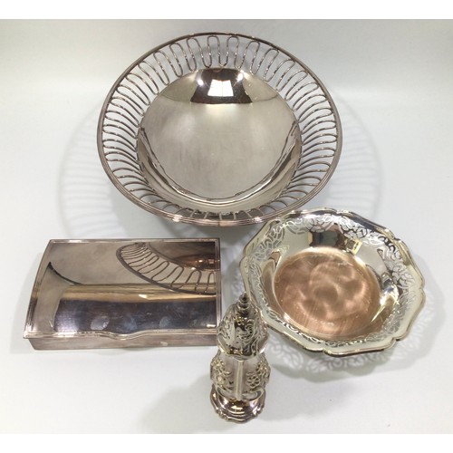 192 - A silver-plated oval breadbasket, with wirework rim, a pierced bon-bon dish, a silver-plated cigaret... 