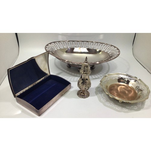 192 - A silver-plated oval breadbasket, with wirework rim, a pierced bon-bon dish, a silver-plated cigaret... 