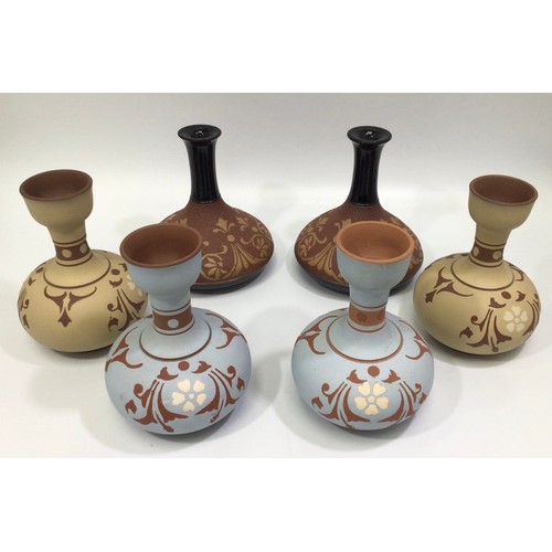 115 - Three pairs of Lovatt & Lovatt period Langley Ware art pottery 'stencilled' vases, 12cm high