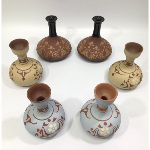 115 - Three pairs of Lovatt & Lovatt period Langley Ware art pottery 'stencilled' vases, 12cm high