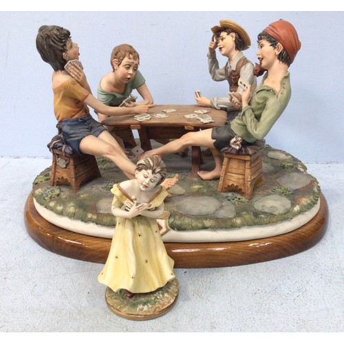 20 - A Capodimonte figural group 'The Cheats' depicting four young boys playing cards on raised wooden pl... 