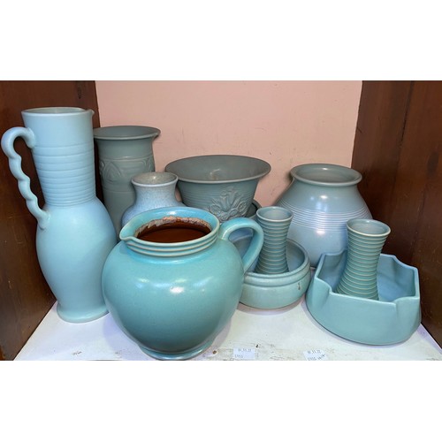 131 - Eleven various items of 1930s 'aqua blue' glazed Langley pottery including a pair of ribbed vases, B... 