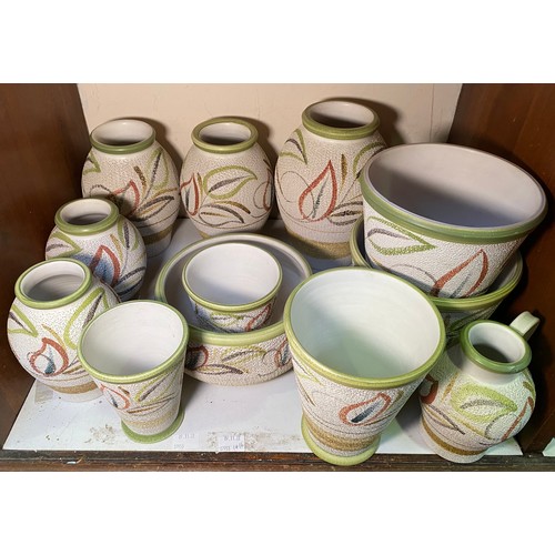 132 - Twelve pieces of Langley Ware 'Sherwood' pattern pottery designed by Glyn College, including a garni... 