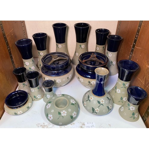 143 - A collection of Lovatt & Lovatt period 'Blue Daisy' Langley Ware pottery flower vases, tobacco jars ... 