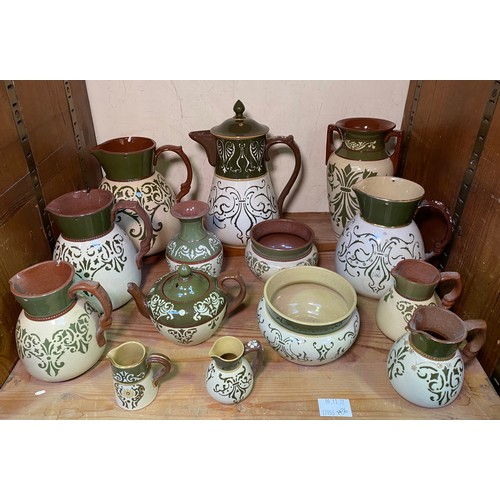 146 - A collection of Lovatt & Lovatt period green and cream 'Lovique' stencilled Langley Ware pottery, (I... 