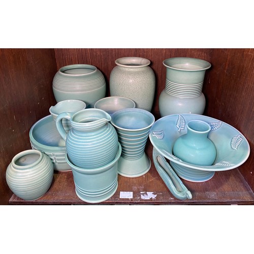 155 - Three large Lovatts Langley Ware pottery vases, various smaller vases and bowls finished in 'Windsor... 