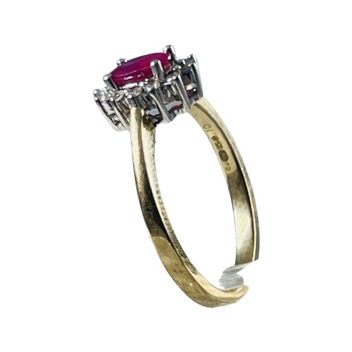 275 - A 9ct yellow gold ruby and diamond cluster dress ring, ring weighs 2.2 grams, finger size M.