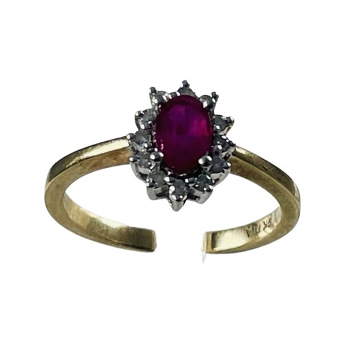 275 - A 9ct yellow gold ruby and diamond cluster dress ring, ring weighs 2.2 grams, finger size M.