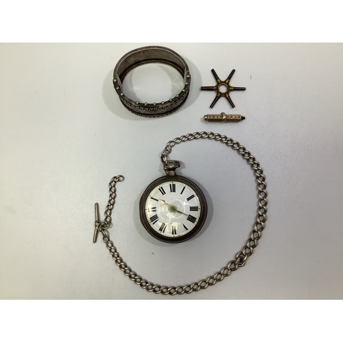 242 - A Victorian silver pair-cased pocket watch, the white enamel dial with Roman numerals denoting hours... 