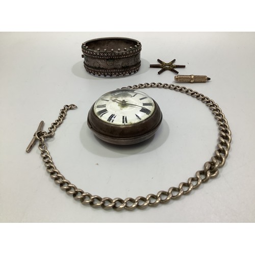 242 - A Victorian silver pair-cased pocket watch, the white enamel dial with Roman numerals denoting hours... 