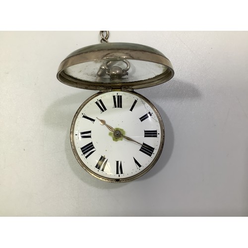 242 - A Victorian silver pair-cased pocket watch, the white enamel dial with Roman numerals denoting hours... 