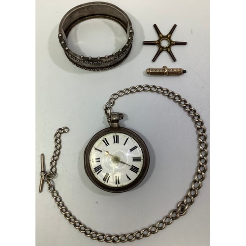 242 - A Victorian silver pair-cased pocket watch, the white enamel dial with Roman numerals denoting hours... 