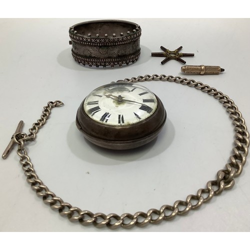 242 - A Victorian silver pair-cased pocket watch, the white enamel dial with Roman numerals denoting hours... 