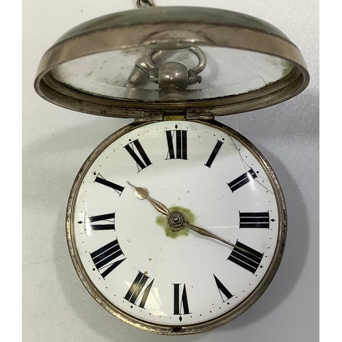 242 - A Victorian silver pair-cased pocket watch, the white enamel dial with Roman numerals denoting hours... 