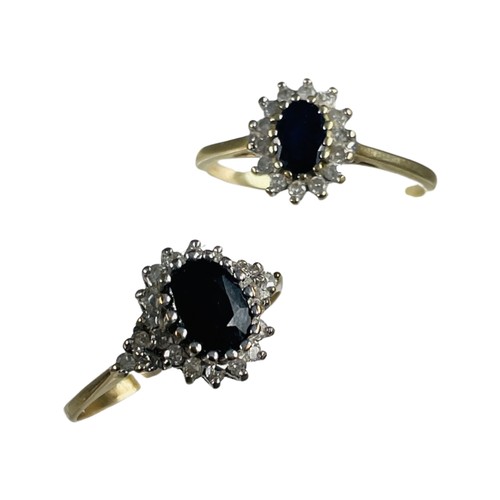 278 - Two 9ct yellow gold sapphire and diamond cluster rings, total weight 4.6 grams.