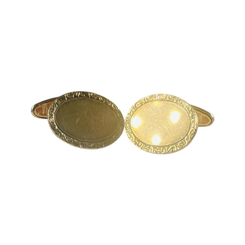 305 - A pair of 9ct yellow gold oval shaped cufflinks, with patterned edges, weighing 8.0 grams.