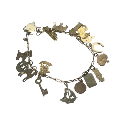 307 - A 9ct yellow gold charm bracelet, with 17 x charms, including a four leaf clover, a key, a St Christ... 