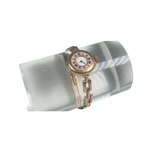 245 - A ladies 9ct gold half hunter wristwatch, on 9ct gold expandable bracelet, pink enamelled outer chap... 