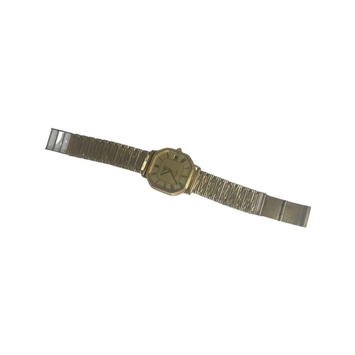 246 - A gents 9ct gold Longines wristwatch, on 9ct gold bark finish link bracelet, hexagonal shaped watch ... 