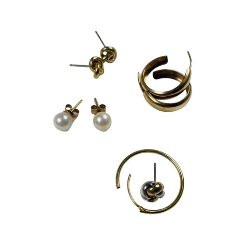 349 - Three pairs of 9ct gold earrings, including pearl studs, knot studs and small hoop earrings, togethe... 