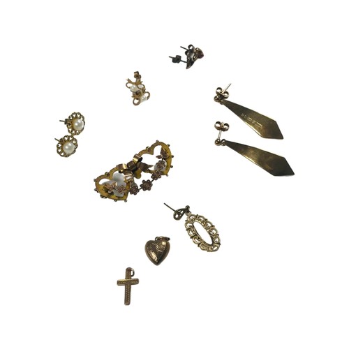 324 - A 9ct gold crucifix, a double love heart brooch, and a love heart locket, together with four pairs o... 