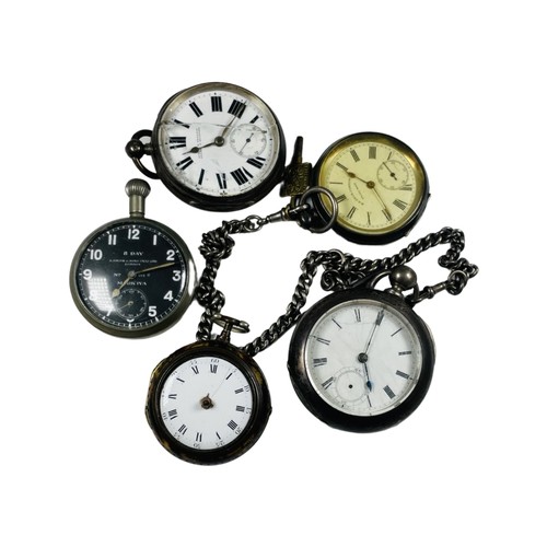 248 - Two various silver open-faced pocket watches, on silver watch chain, together with a pear-cased watc... 