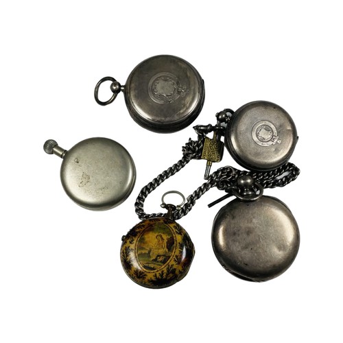 248 - Two various silver open-faced pocket watches, on silver watch chain, together with a pear-cased watc... 