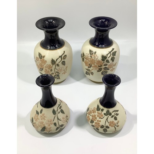 162 - Two pairs of Lovatts Langley Mill pottery vases, 'sgraffito Blossom,' to combed beige slipware groun... 