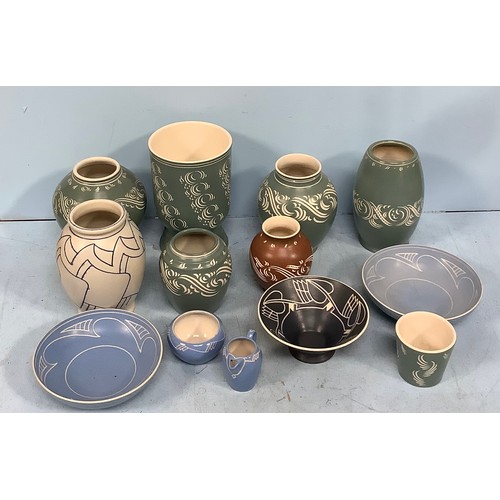 161 - Six items of Langley pottery with incised decoration by John Spencer, c1938, together, together with... 