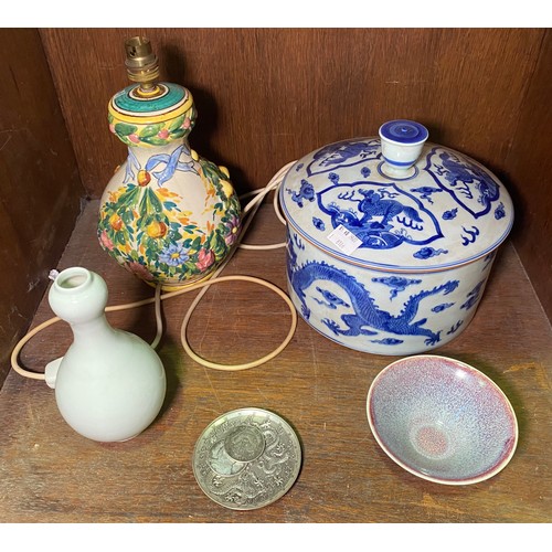 53 - A large Chinese porcelain cylindrical pot and cover painted in cobalt blue with dragns, Kangxi marks... 