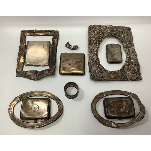 198 - A small collection of assorted silver items comprising five various cigarette cases, a napkin ring a... 