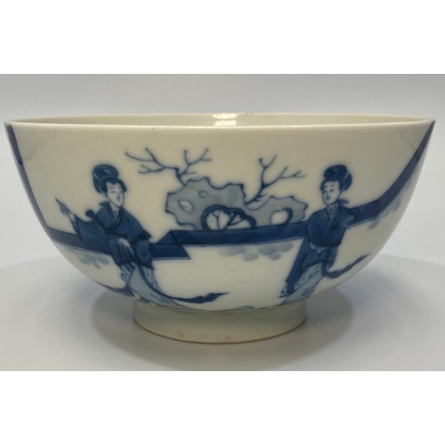 55 - A Chinese porcelain blue and white bowl decorated with ladies in a walled garden with a rabbit, Chen... 