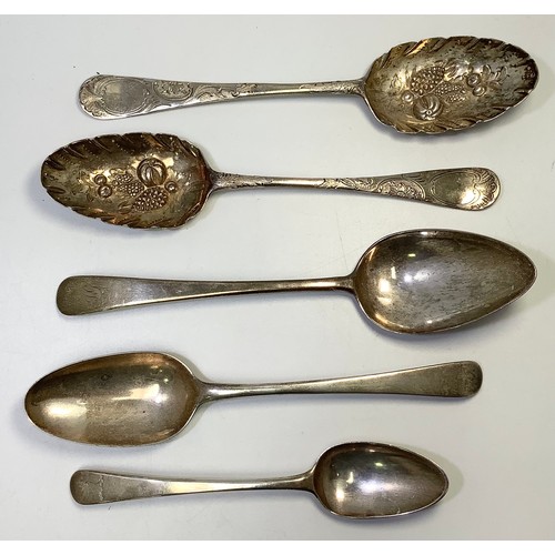 124 - Five various silver spoons comprising two 18th century berry spoons by William Shaw & William Priest... 