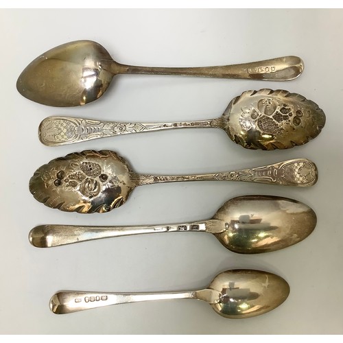 124 - Five various silver spoons comprising two 18th century berry spoons by William Shaw & William Priest... 