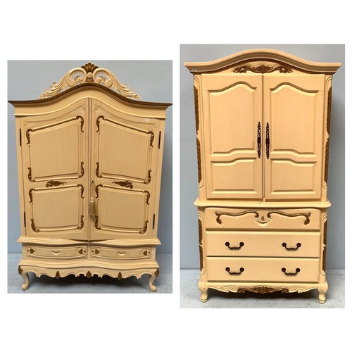 605 - A modern cream and gold painted French style two door armoire and a small linen press, converted to ... 