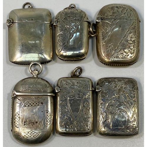 136 - Six various silver vesta cases including a Victorian example engraved with birds and flowers, Birmin... 