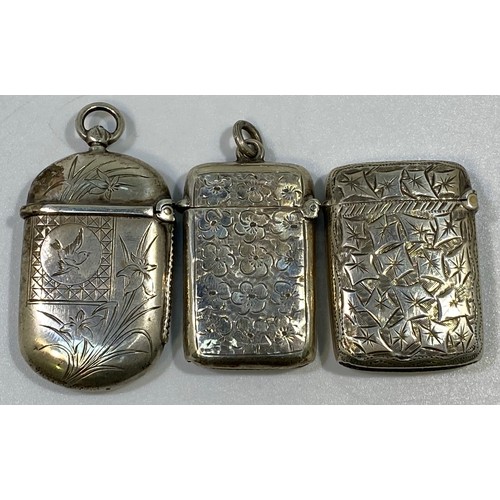 136 - Six various silver vesta cases including a Victorian example engraved with birds and flowers, Birmin... 