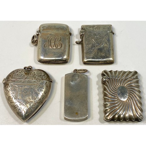 137 - Five various silver vesta cases including a Victorian example with swirled design, Birmingham 1889, ... 
