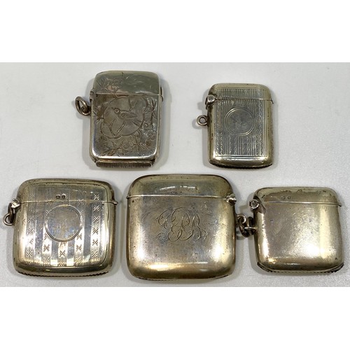 138 - Five various silver vesta cases including a Victorian example engraved with birds and flowers, Birmi... 