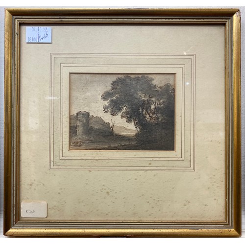 535 - James ‘Drunken’ Robertson (fl.1815 - 1836) Study of trees by a castle, unsigned, monochrome watercol... 