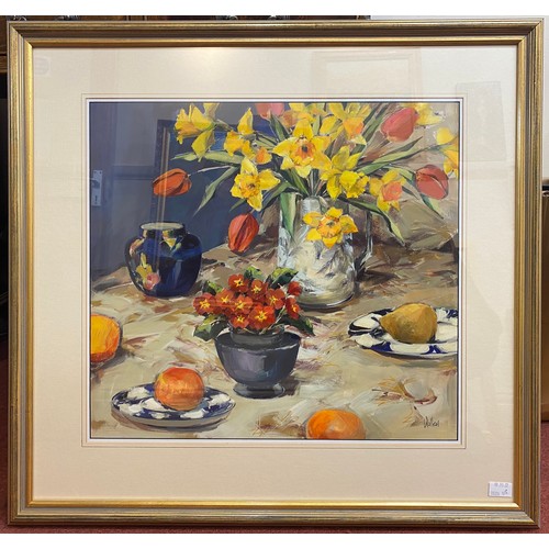 566 - Ethel Walker, (Scottish, b1941), A still life study of fruit and flowers on a table, oil on panel, f... 