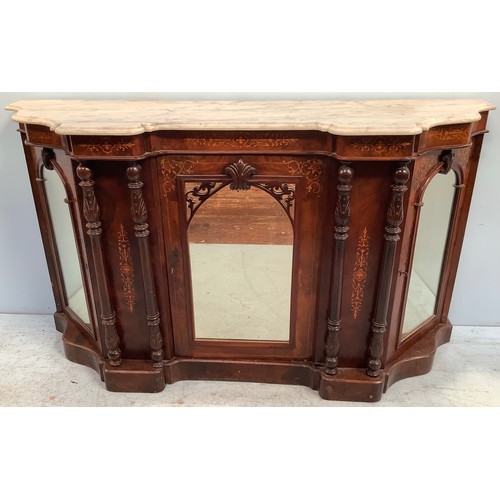 610 - An inlaid walnut credenza with shaped marble top, central and pair of side mirrored doors, pair of b... 