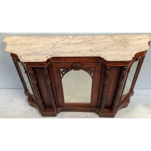 610 - An inlaid walnut credenza with shaped marble top, central and pair of side mirrored doors, pair of b... 